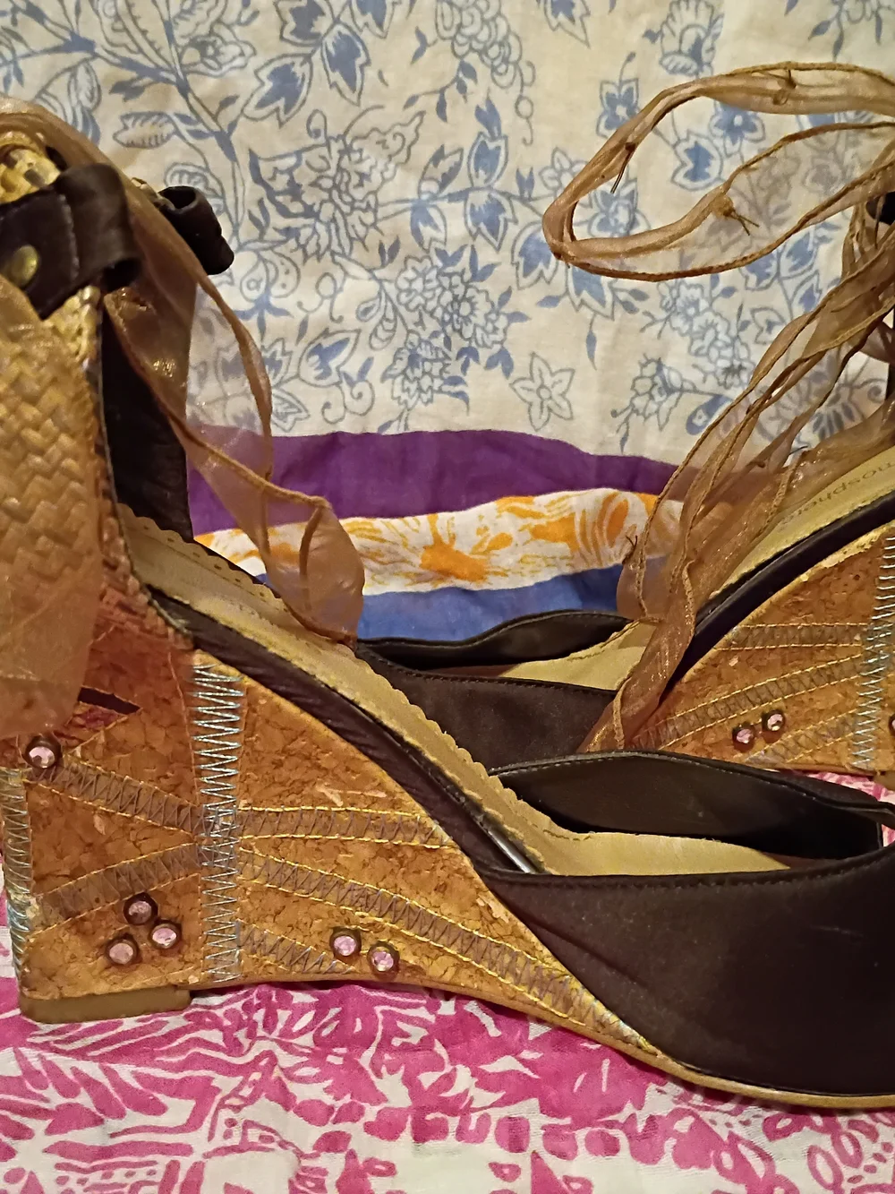 Atmosphere Gold Embellished Wedge Sandals with Sheer Ankle Ties